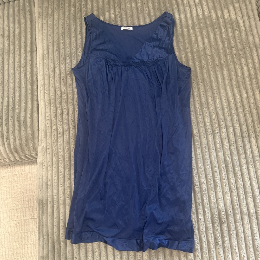 Vintage Vanity Fair Nightgown Navy Blue Nylon Trim Lace USA Sleeveless Silky XL